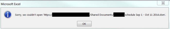Sorry, we couldn't open 'https://sharepointsite.yourcompany.com/Shared Documents/filename.xls'.